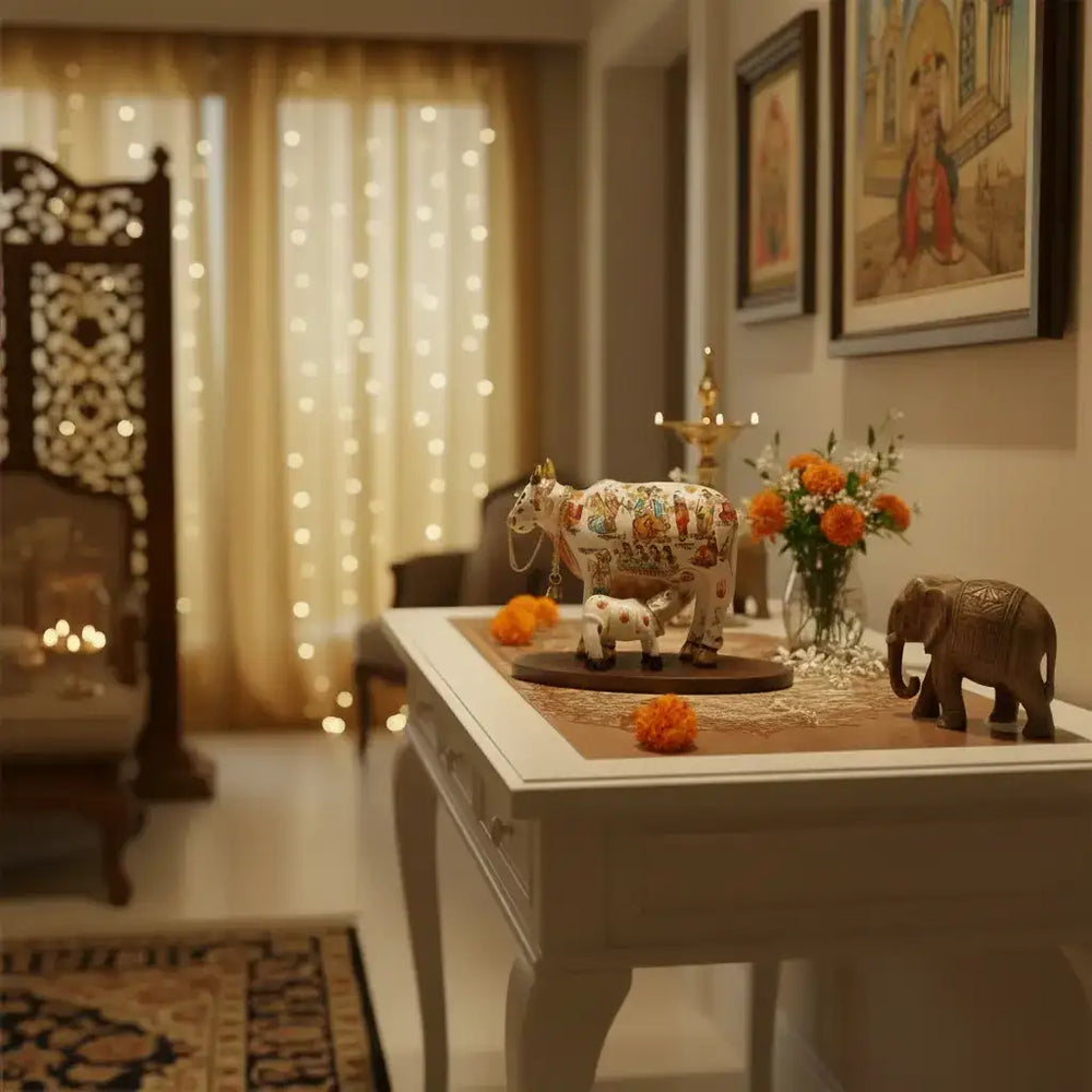 Kamadhenu Resin Cow with Calf | Decorative Spiritual Figurine maruthi handicrafts