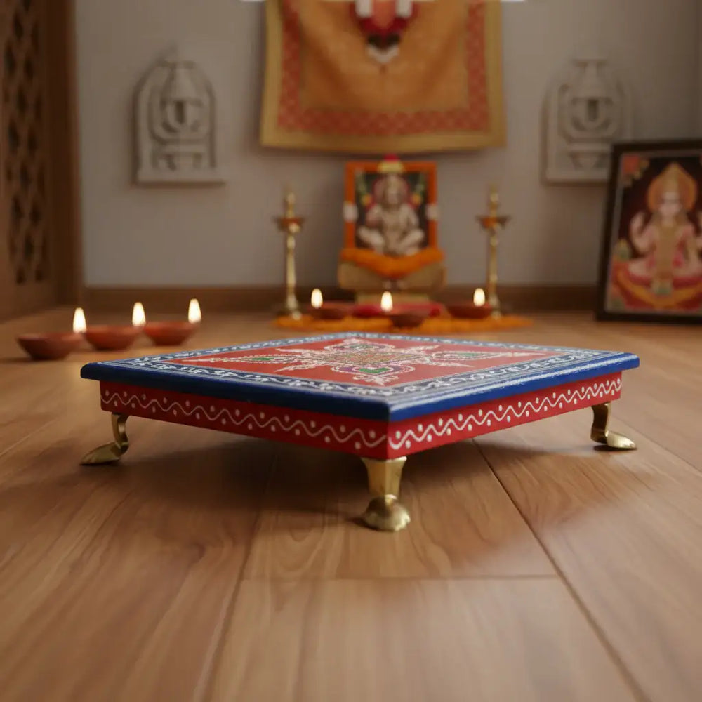 Hand-Painted Wooden Stool For Pooja (Chowki) with Traditional Design Wood Decorative