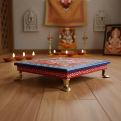 Hand-Painted Wooden Stool For Pooja (Chowki) with Traditional Design Wood Decorative
