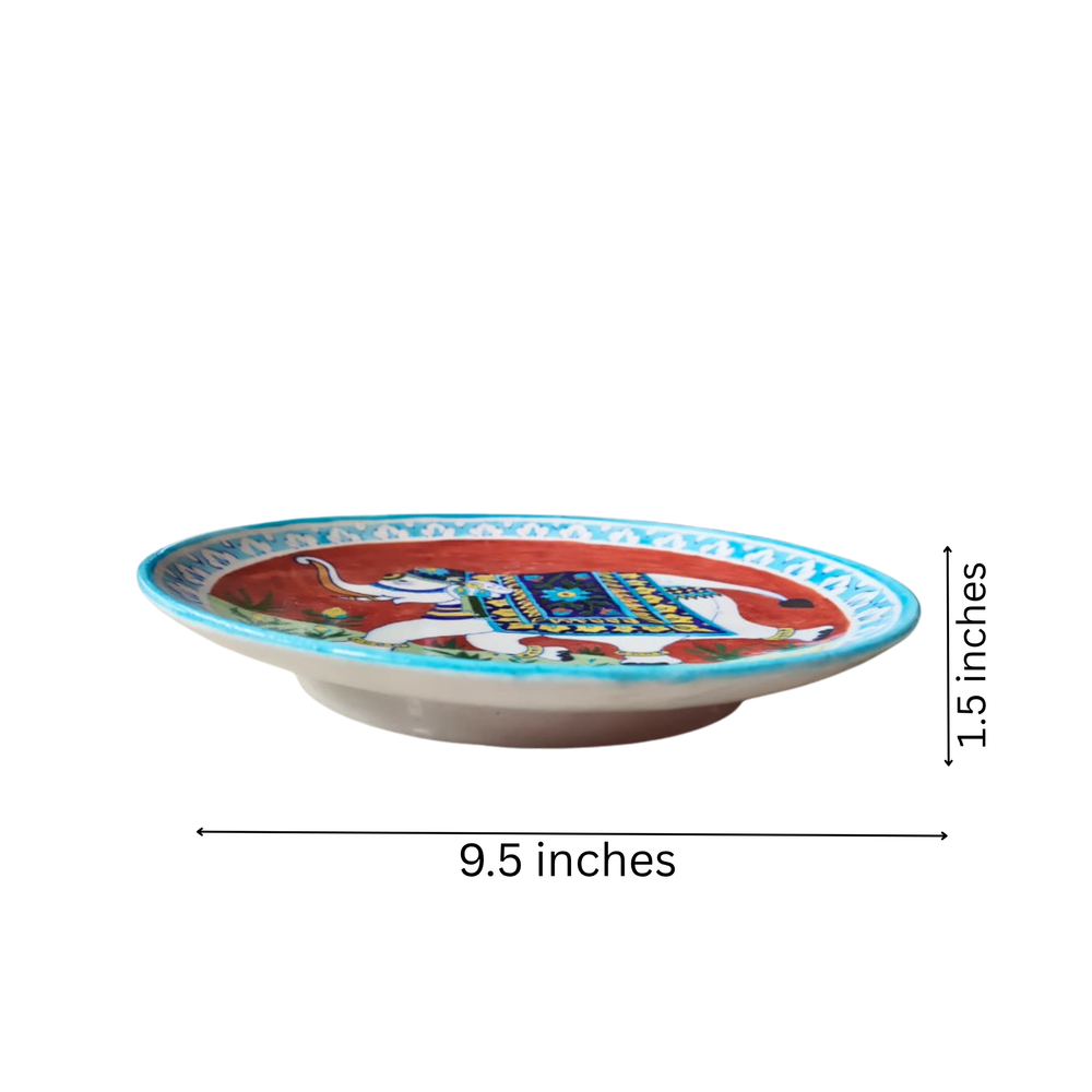 Hand-Painted Decorative Plate White Elephant with Red Background Pottery