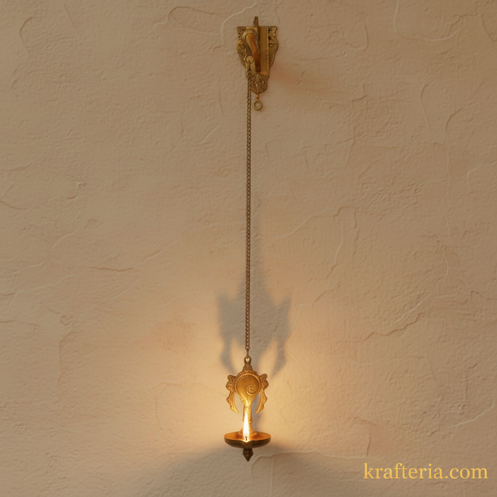 Antique Brass Shankh Chakra Wall Hanging Diya | Traditional Spiritual Oil Lamp Brass Artwork