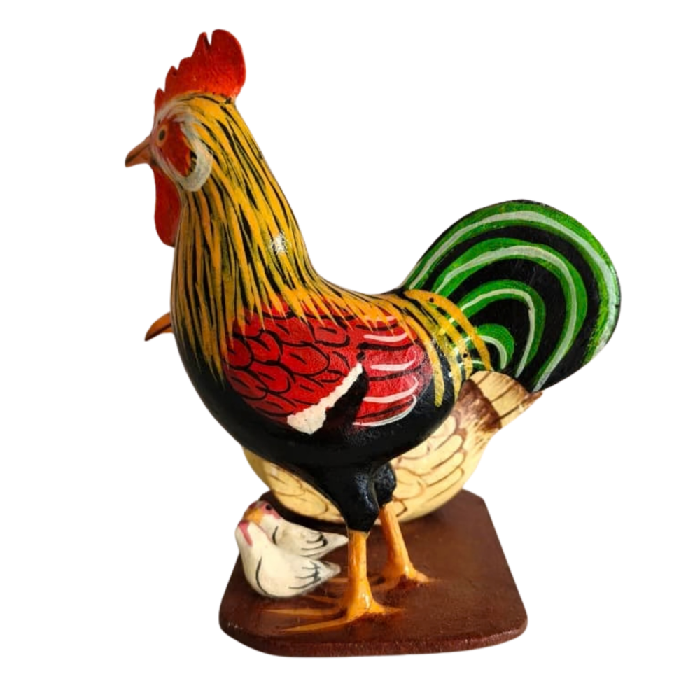 Handcrafted Nirmal rooster hen family décor toy from Telangana
