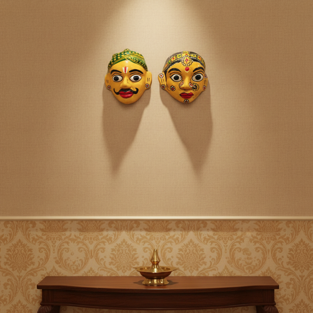 Traditional Cheriyal Art Couple Masks – Rustic Indian Folk Wall Hanging Set wall decor