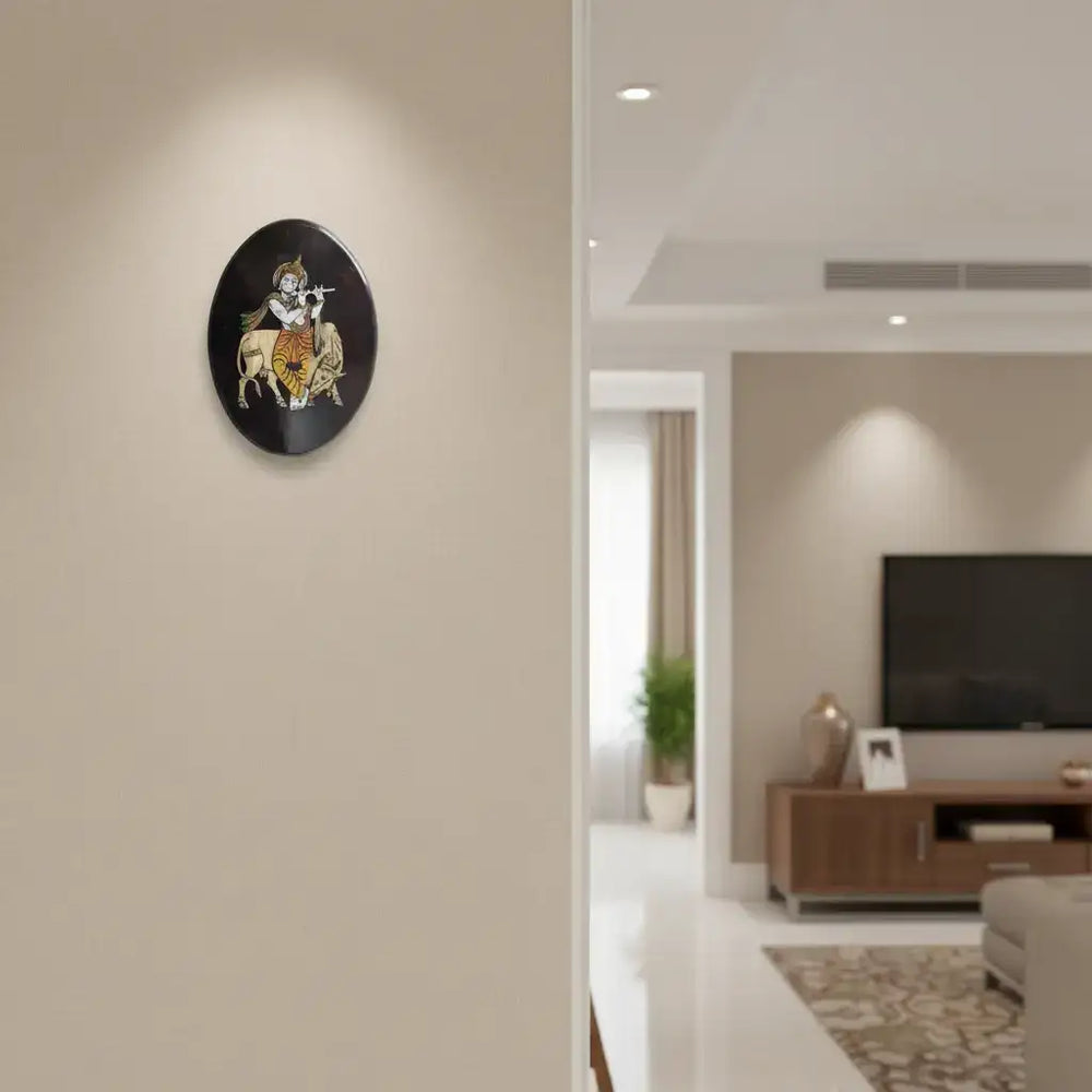 Divine Krishna with Cow in Rosewood Oval Inlay Frame Inlay Art