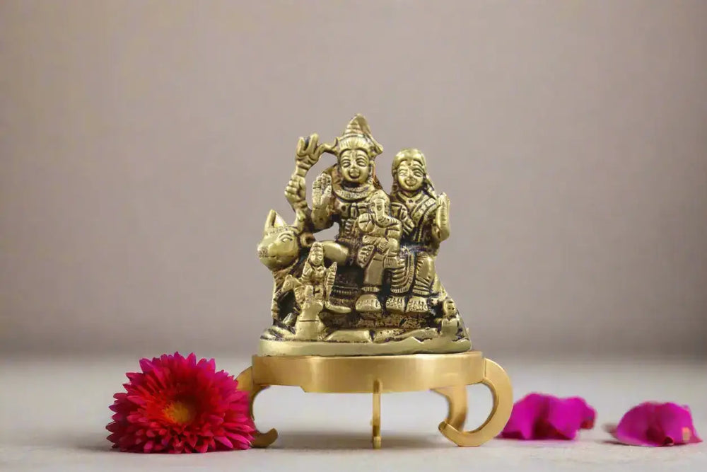 Brass Shiva, Parvati & Ganesha Seated on Nandi Bull Brass Ware