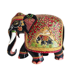Hand-Painted Wooden Elephant with Floral Design – Artistic Home Decor
