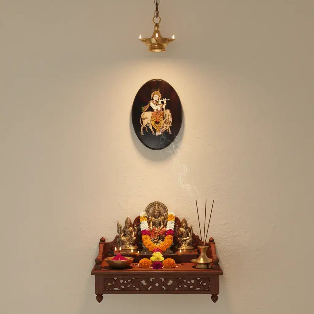 Divine Krishna with Cow in Rosewood Oval Inlay Frame Inlay Art