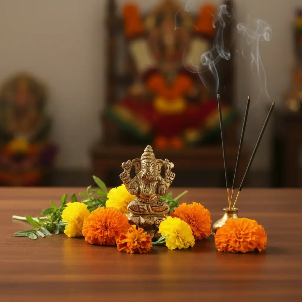 Small Golden Brass Sitting Lord Ganesha Idol - Prosperity Murti Brass Ware