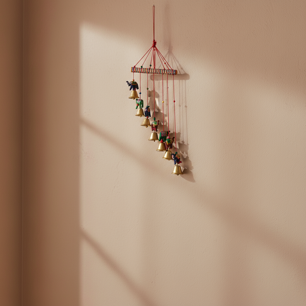 Hand-painted elephant and golden bell wind chime wall hanging with colorful folk art design for home décor