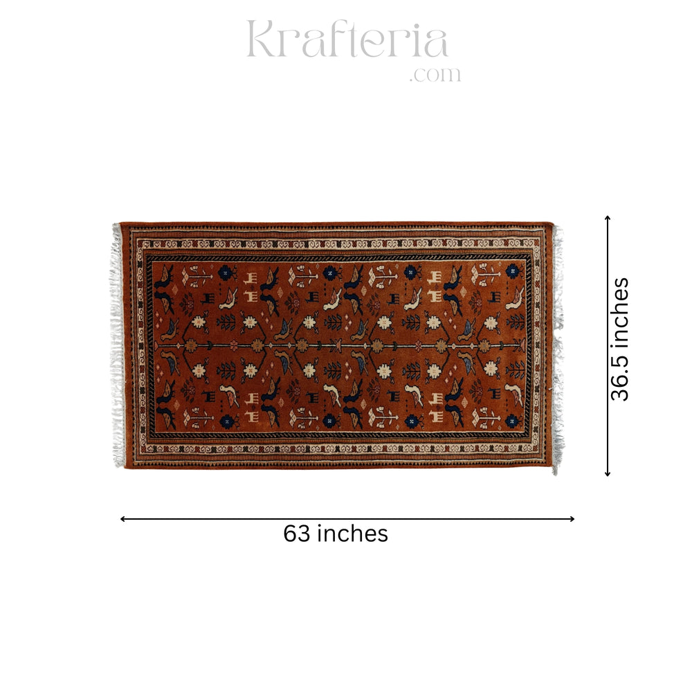 Rug with decorative patterns and measurements on a white background
