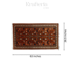 Rug with decorative patterns and measurements on a white background