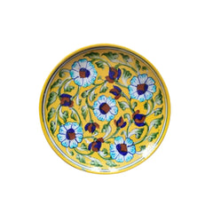 Artisan Blue Pottery Floral Quartz Wall Plate | Yellow Quartz Decor Pottery