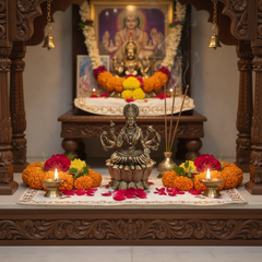 Mahalakshmi Idol with Eight Arms - Goddess of Fortune, Seated on Lotus Base