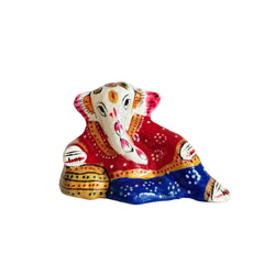 Folk Art Lord Ganesha Idol in Red, Blue, and Gold Patka Style Marble Soft Stone