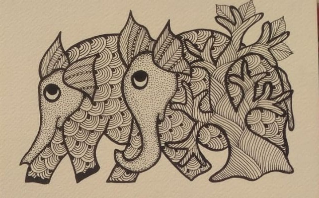 The Eternal Bond – Authentic Gond Elephant and Tree of Life Art Paintings