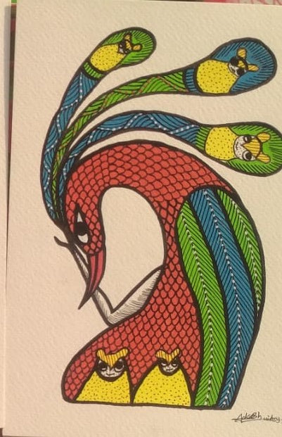 Mystic Bird Card Vibrant Tribal Peacock-Inspired Design - Gond Painting Paintings