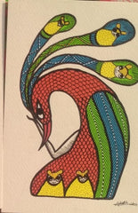 Mystic Bird Card Vibrant Tribal Peacock-Inspired Design - Gond Painting Paintings