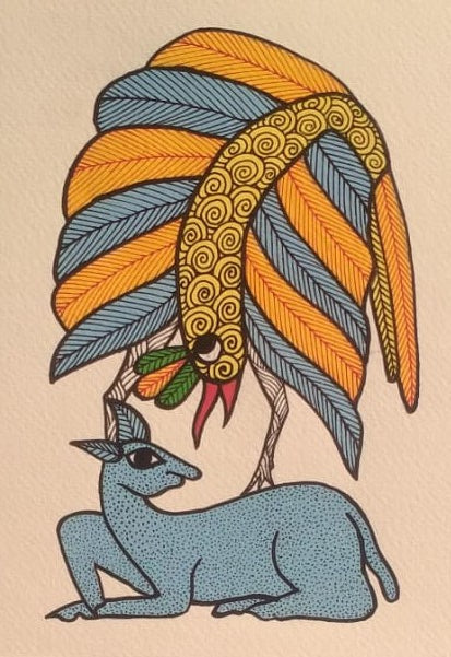Handmade Gond Art Birds Card – Traditional Indian Folk Painting with Love Bird Design Paintings