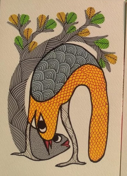 The Meeting of Elements – Colorful Gond Bird and Fish Tribal Art Paintings
