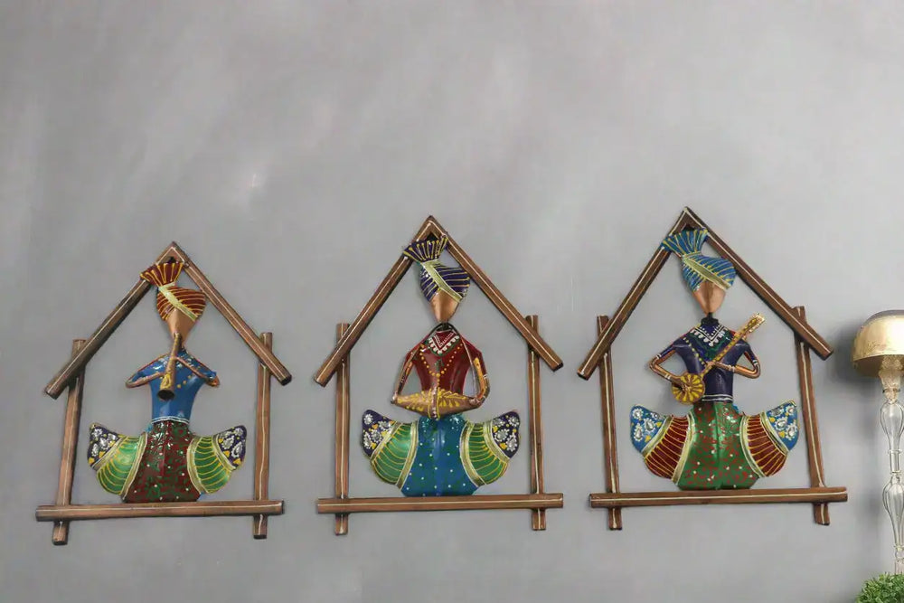 Iron Hand Painted 3 Sardar Musicians Home Wall Hangings Iron Decorative