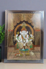 Lord Ganesha Seated on Chair – Rosewood Inlay Frame Inlay Art