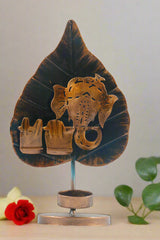 Iron Ganesh With On Leaf Deepam Stand