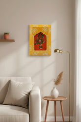 Decorative wall art with floral design on a yellow background