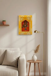 Decorative wall art with floral design on a yellow background