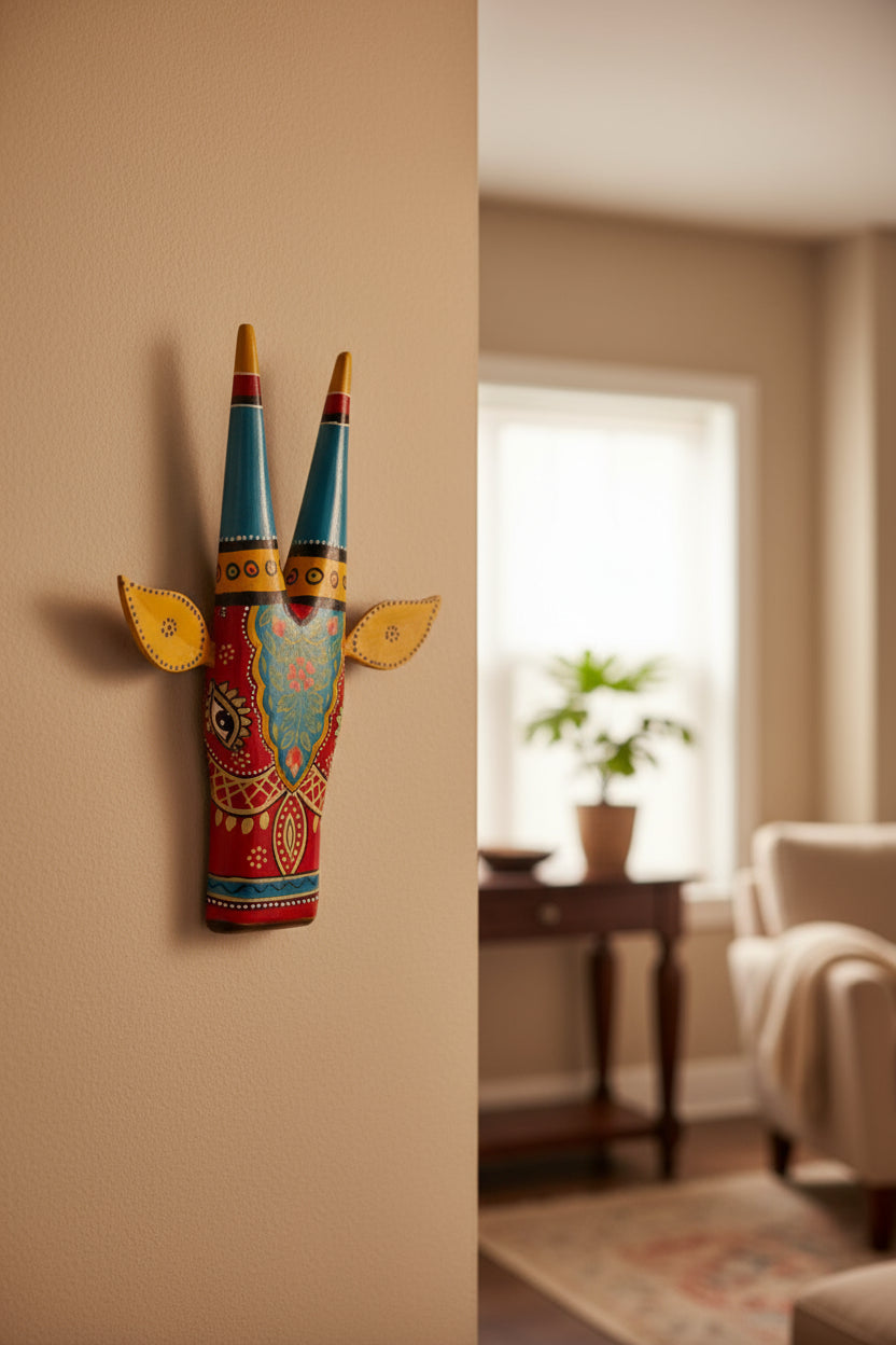 Decorative item with colorful patterns on a textured beige background