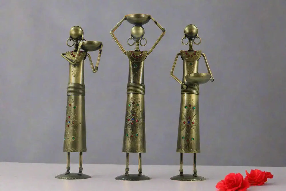 Iron Figurine Tagari Doll Light Candle Holder Set of 3 Iron Decorative