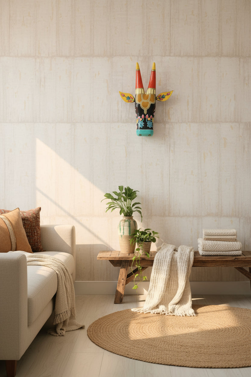 Colorful wooden figurine on a light wooden surface