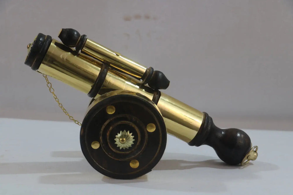 Brass Firangi Cannon on Wooden Base – Decorative Tabletop Showpiece Wooden Decorative