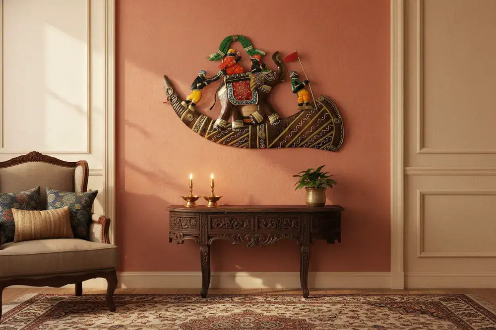 Decorative wall art of an elephant with riders on a white background