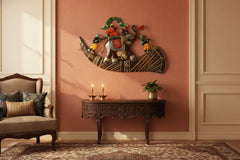 Decorative wall art of an elephant with riders on a white background