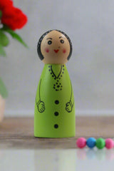 Wooden Girl Peg Doll – Green Dress with Pink Dots