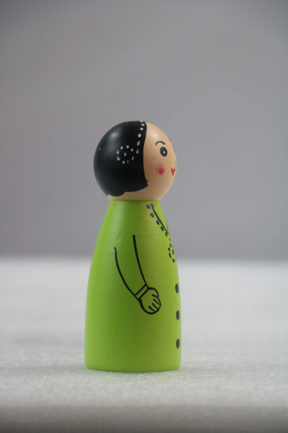 Wooden Girl Peg Doll – Green Dress with Pink Dots Wooden Lacquerware&toys
