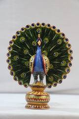 Hand-Painted Peacock Meenakari Wood Art | Decorative Figurine