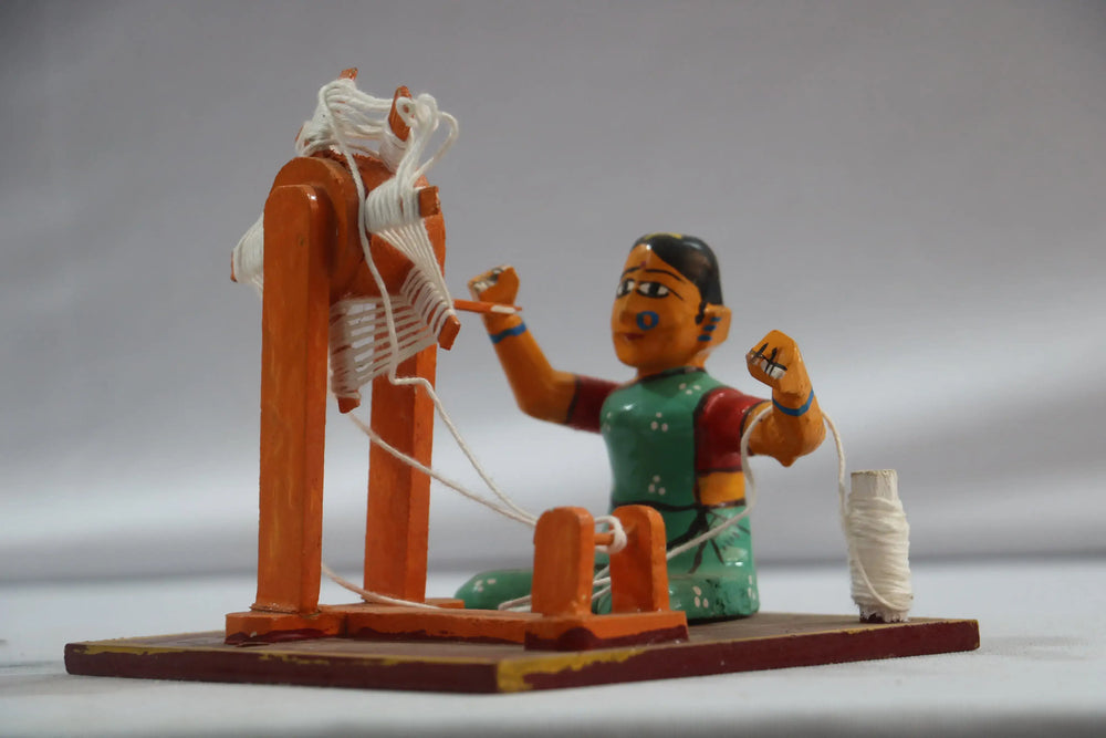 Channapatna Handicraft – Lady Weaving Thread Figurine (Wooden Toy/Decor) Wooden Lacquerware&toys