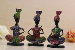 Iron Multicolor Sitting Sardar Musician Set of 3 Decorative Showpiece