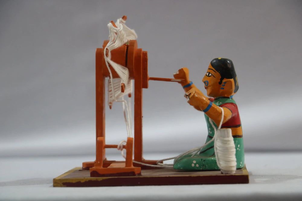 Channapatna Handicraft – Lady Weaving Thread Figurine (Wooden Toy/Decor) Wooden Lacquerware&toys