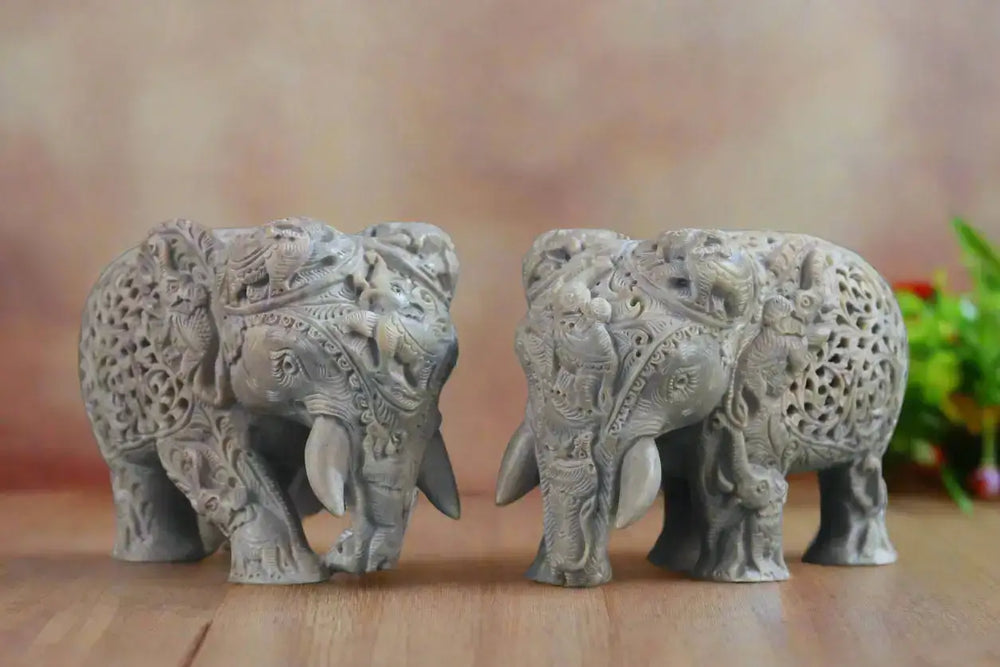 Pair of Elephants in Soft Stone – Intricate Jali Carving Handcrafted Artwork Bachcha Lal