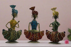 Iron Multicolor Sitting Sardar Musician Set of 3 Decorative Showpiece Iron Decorative