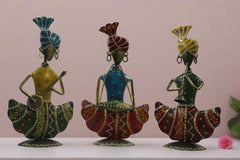 Iron Multicolor Sitting Sardar Musician Set of 3 Decorative Showpiece
