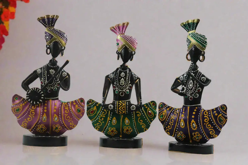 Iron Multicolor Sitting Sardar Musician Set of 3 Decorative Showpiece Iron Decorative