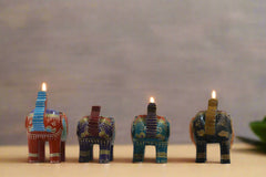 Wooden Hand Painted Elephant Candle Holder Set Of 4