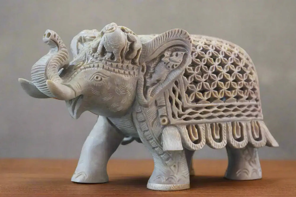 Pair of Elephants in Soft Stone – Intricate Jali Carving Handcrafted Artwork Bachcha Lal
