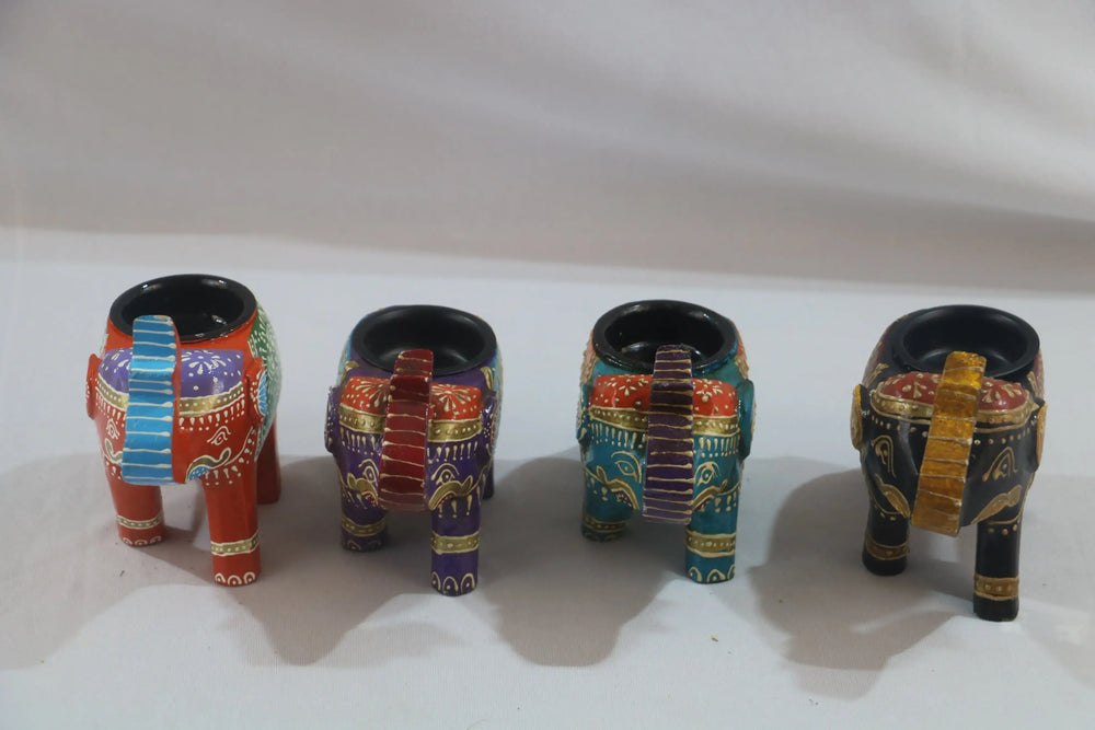 Wooden Hand Painted Elephant Candle Holder Set Of 4 Accessories