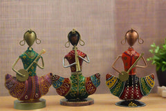 Iron Hand Painted Lady Sitting Musicians Set Of 3