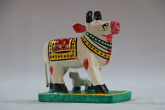 Handcrafted Cow with Baby – Wooden Painted Indian Sacred Animal Idol