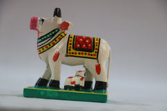 Handcrafted Cow with Baby – Wooden Painted Indian Sacred Animal Idol